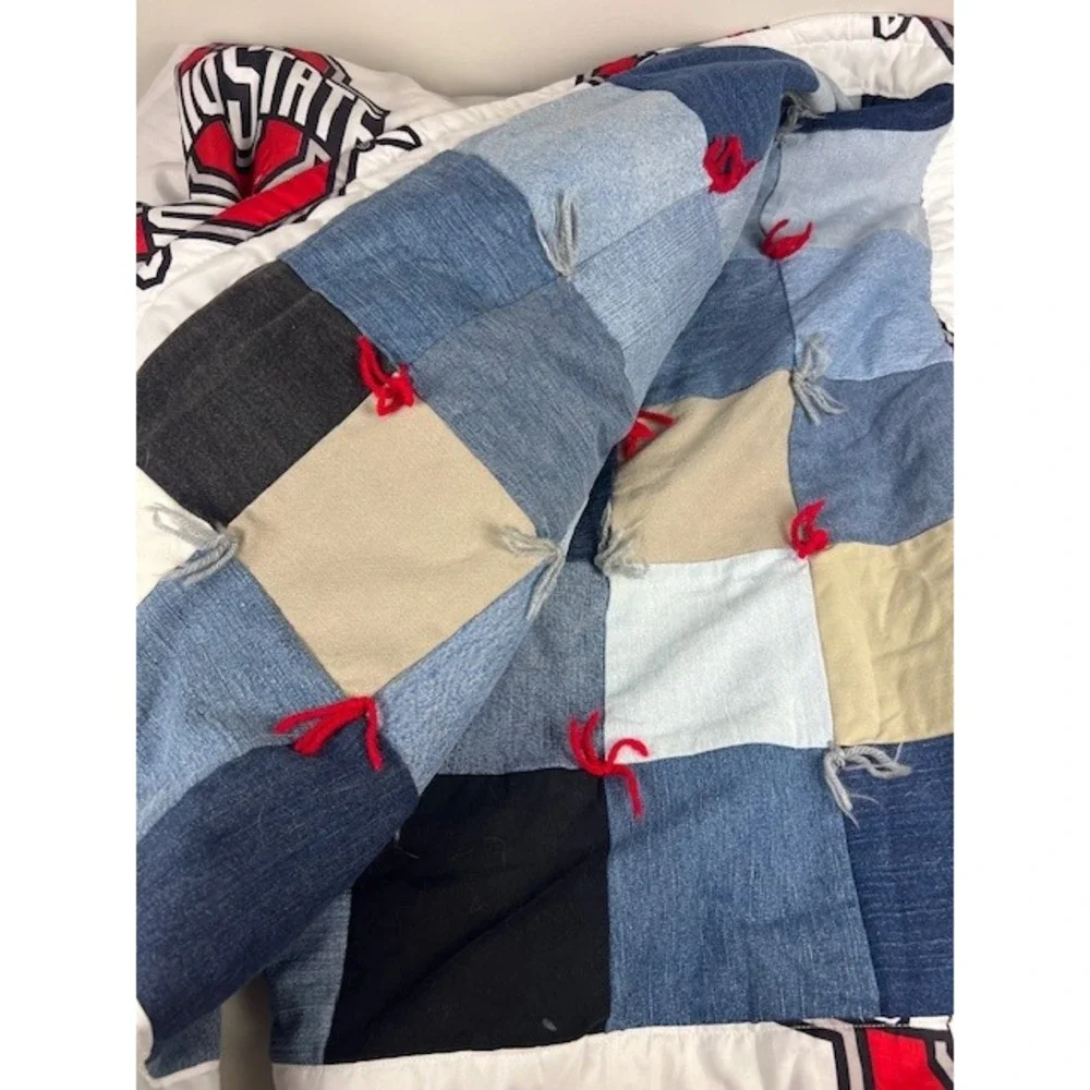 Handmade Ohio State Buckeyes Reversible Denim Patchwork Quilt Tied Throw Blanket